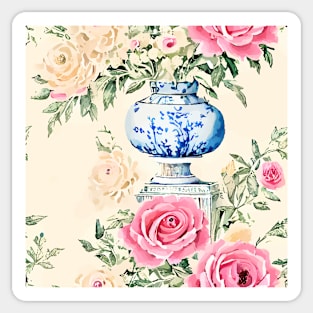 French roses in blue and white jar on pale yellow Sticker